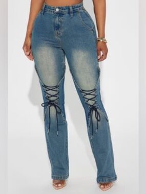 Fashion Nova Blue Lace-Up Flare Jeans